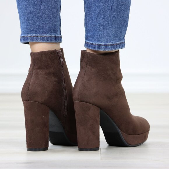 Ankle Booties Block Heeled Boots Platform Brown Suede - Picture 7 of 12
